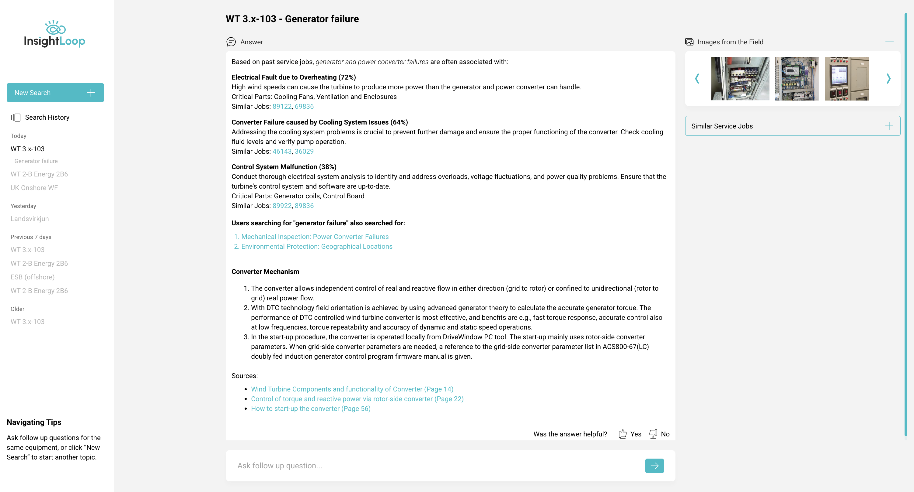 InsightLoop screenshot: The InsightLoop Immersive Assistant provides dynamic, step-by-step root cause analysis with detailed resources. It detects root causes using past field images and highlights frequent issues from similar cases, helping teams stay proactive and efficient.