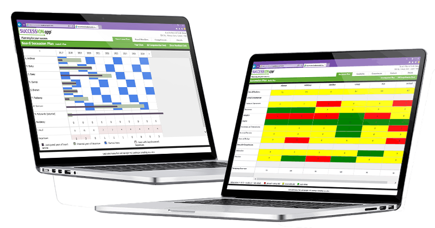 SUCCESSIONapp® Board and Management Software displayed on laptop screens. Ensure  that you have a foolproof plan for your organization's future today!