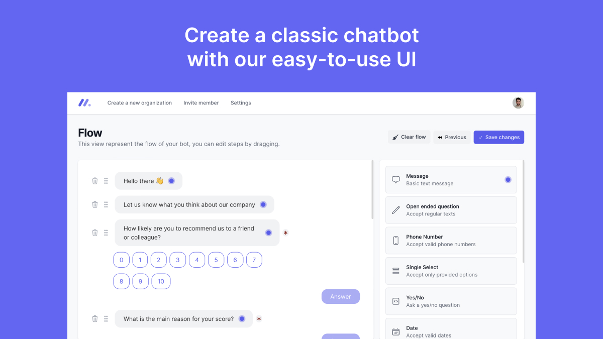 Create a classic chatbot with our easy-to-use UI.