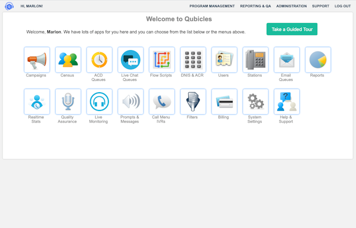 Qubicles screenshot: The launchpad gives users access to campaigns, call queues, live chat queues, email queues, real-time statistics, reports, call recordings, and more.