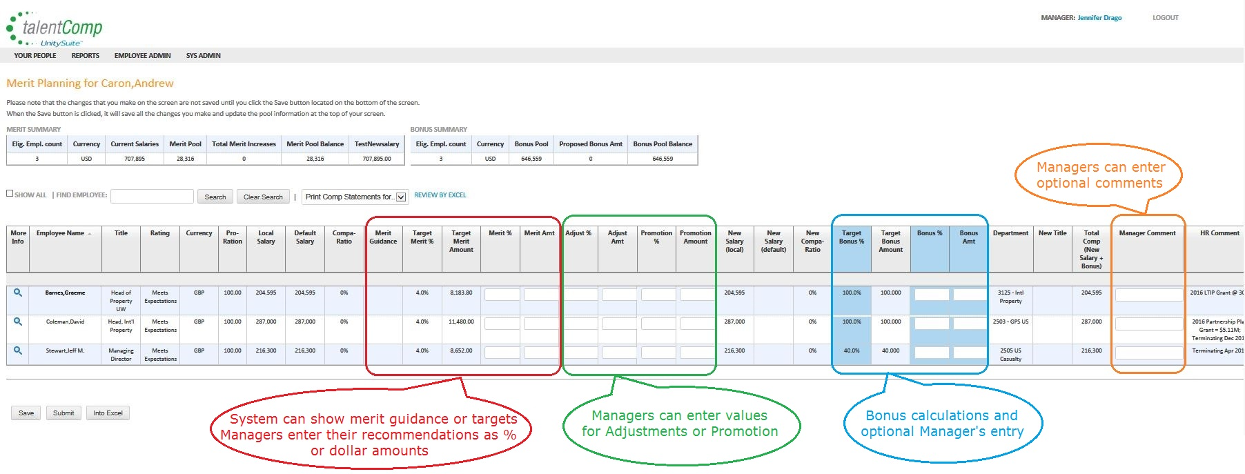 TalentComp Software - Manger Recommendations Screen