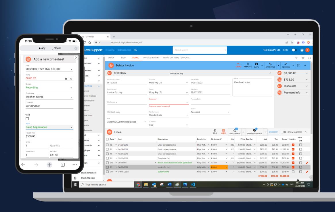 Law App streamlines billing and time entries. Choose from value, time-based, or itemized billing and log time on-the-go. Features like auto-billing, custom invoices, and time reminders make financial management effortless.