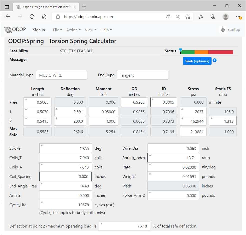 ODOP: Spring
torsion spring design, US units, Calculator View