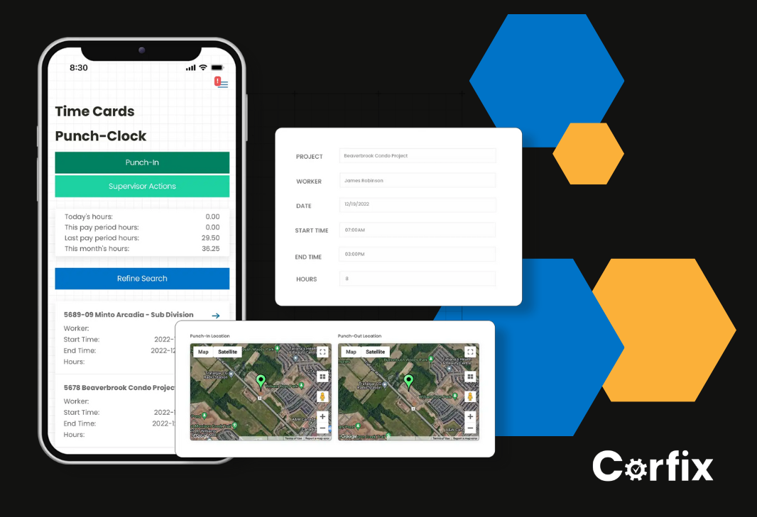 Corfix Software - Tailored to your needs, our time tracking feature allows you to keep track of employee hours across different construction sites, different roles, and different rates of pay.  Easily customize with optional Geofencing and reminders.