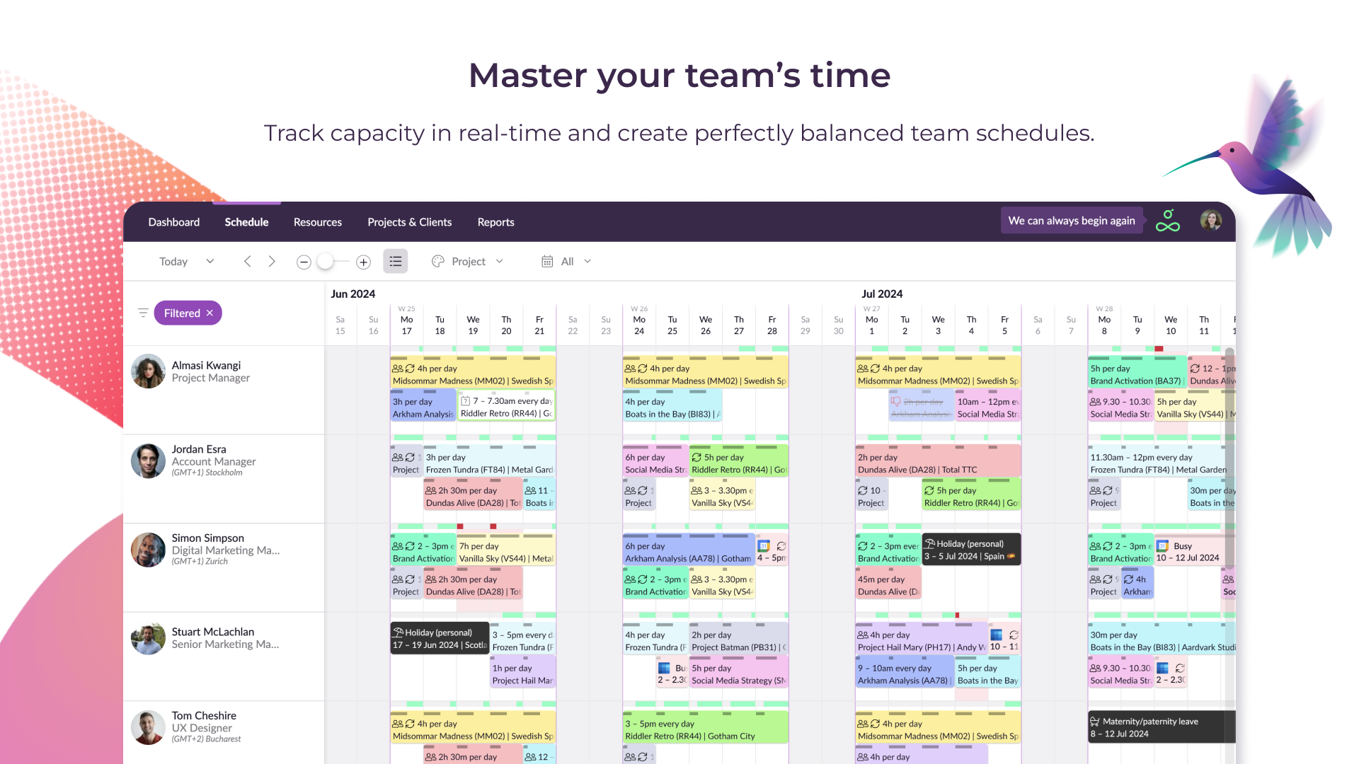 Master your team’s time. Track capacity in real-time and create perfectly balanced team schedules.