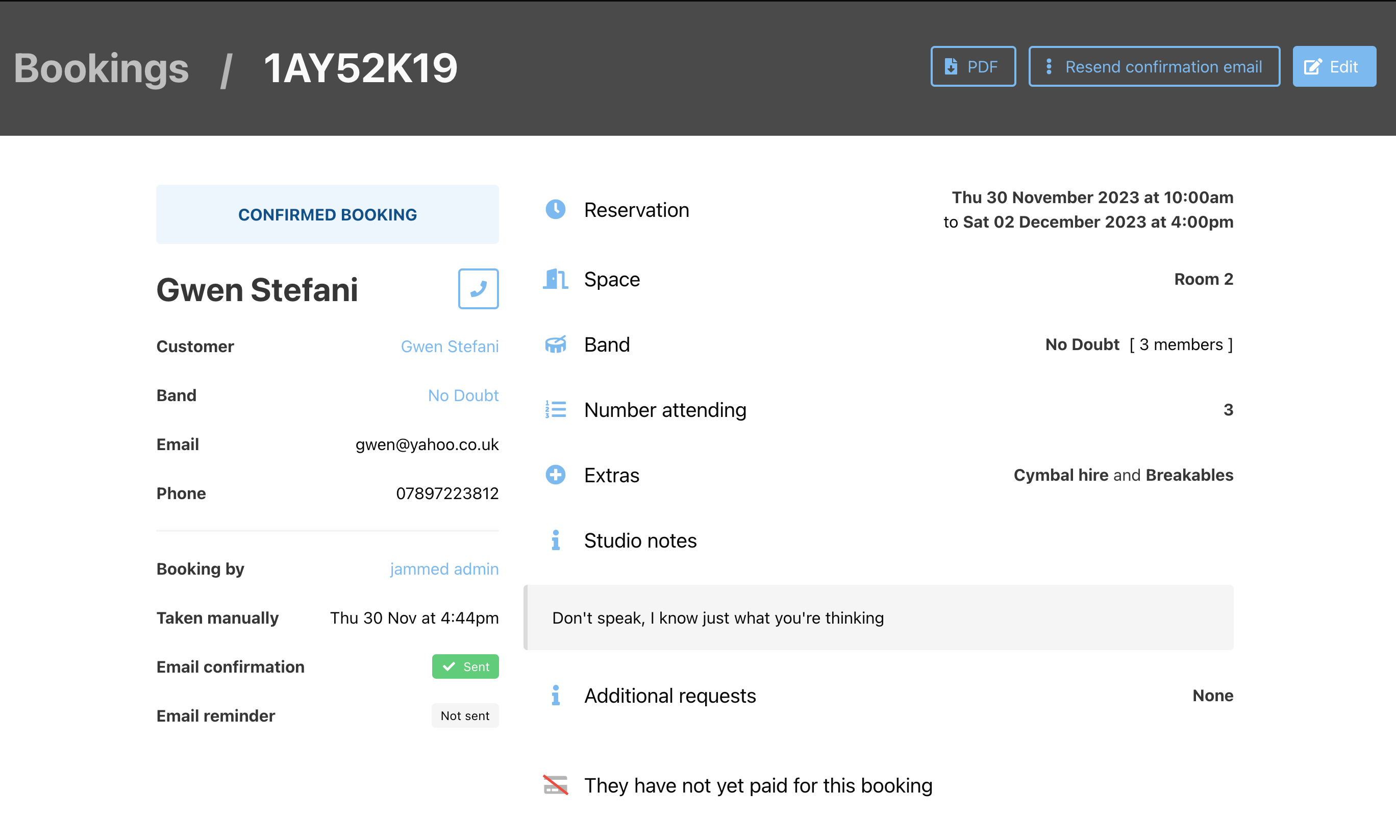 Jammed screenshot: The booking view within Jammed