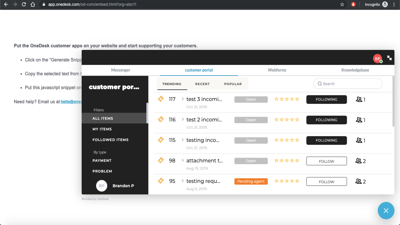 OneDesk Software - Customer portal for customers to track tickets and tasks