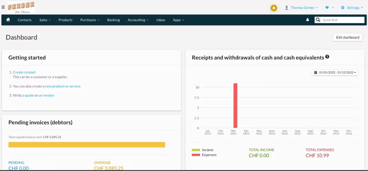 bexio screenshot: bexio dashboard