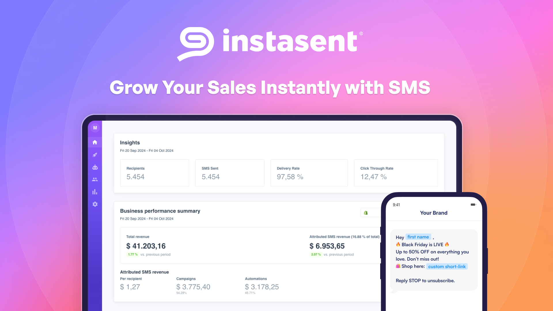 Instasent screenshot: SMS Marketing platform for DTC & Ecommerce brands. Boost sales with SMS and enjoy up to 30x ROI!