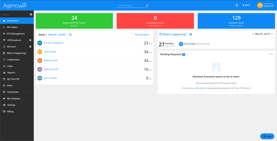 AgencyHR screenshot: AgencyHR team status dashboard