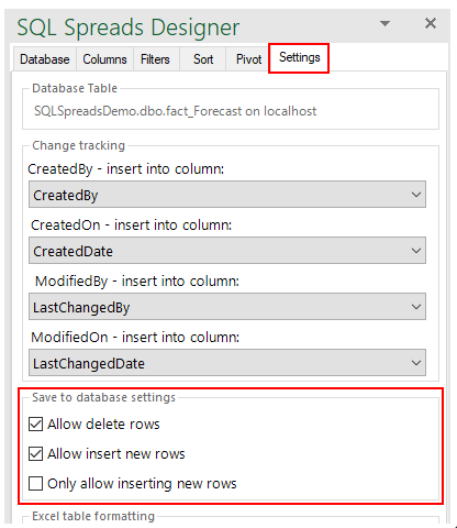 Control what an end user is able to do on the SQL Spreads sheet using the Settings.