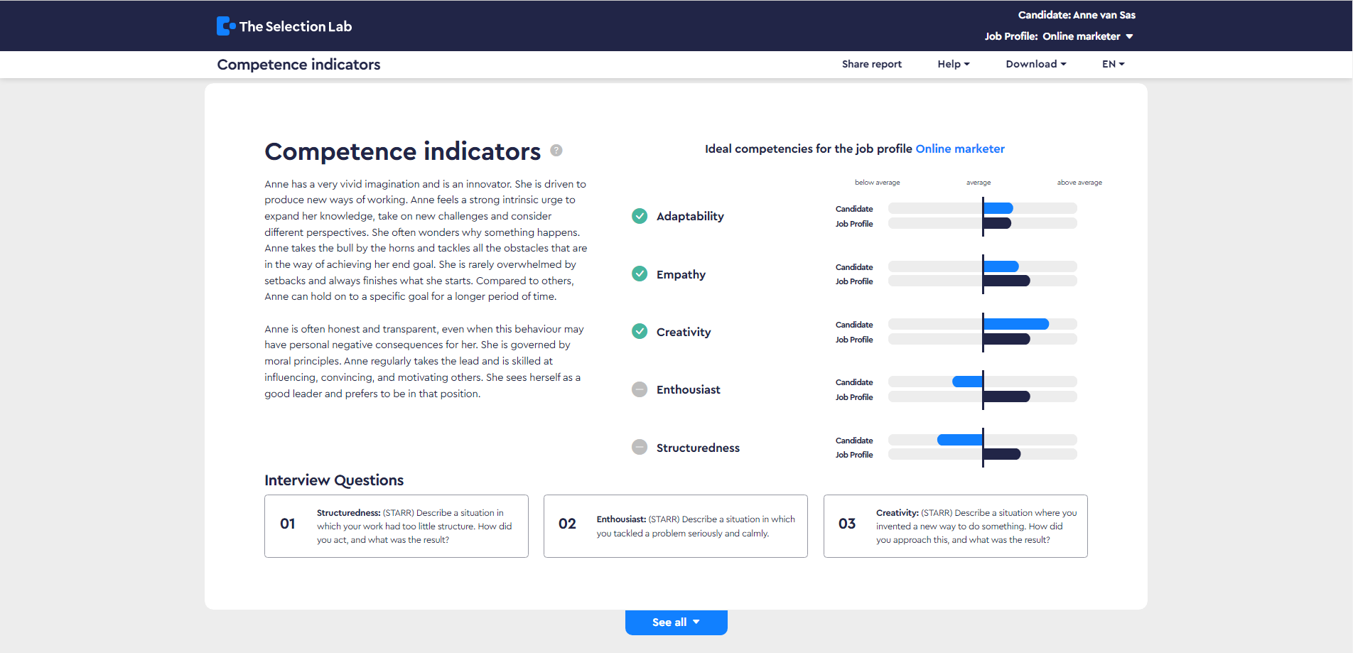 Competence indicators section