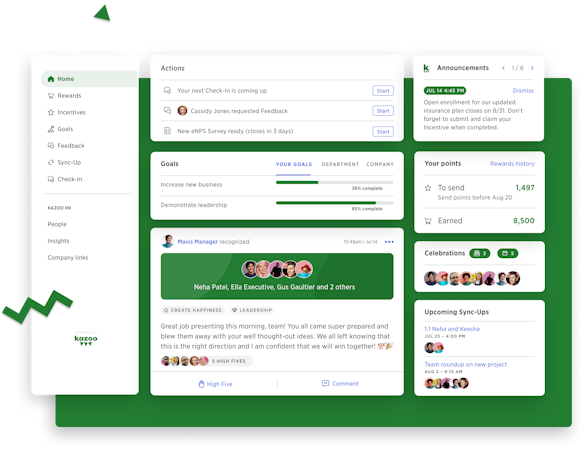 Kazoo Employee Experience Platform screenshot: The Kazoo Activity Feed reveals recognition, bonuses, and successful project outcomes — connecting everyone to the positive pulse of your company.
