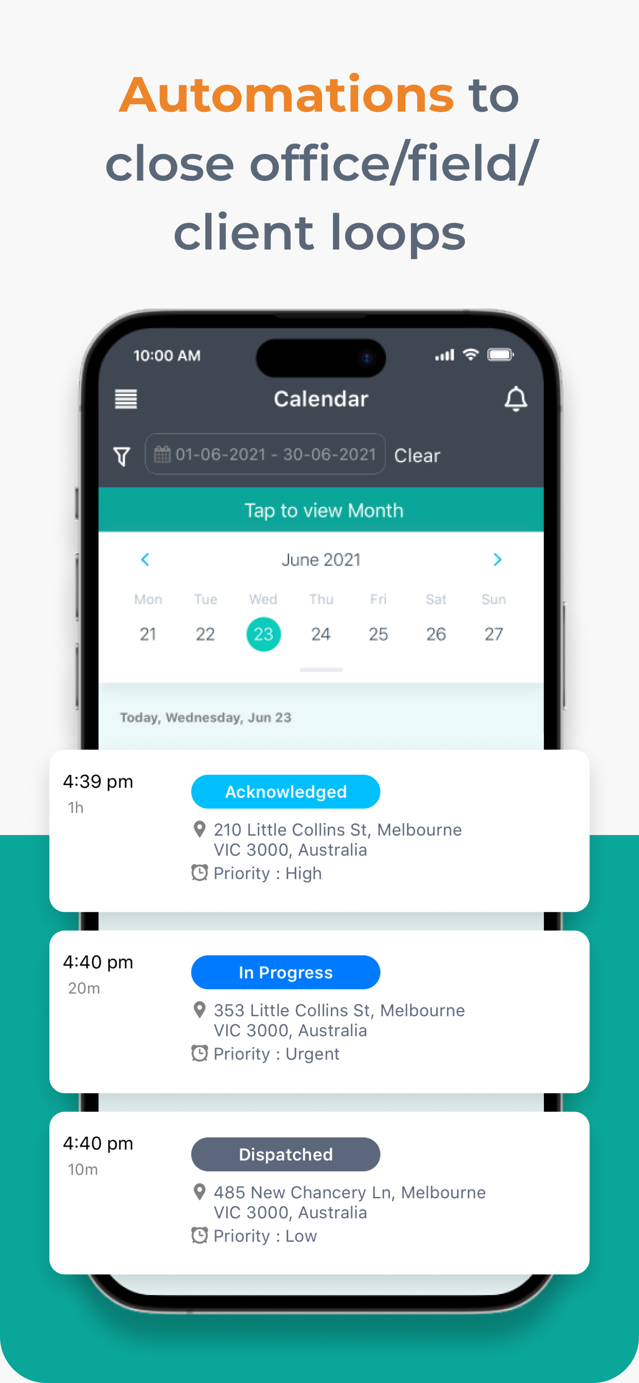 Dusk FSM screenshot: Easily see your field services work for the day, week or month and plan accordingly.