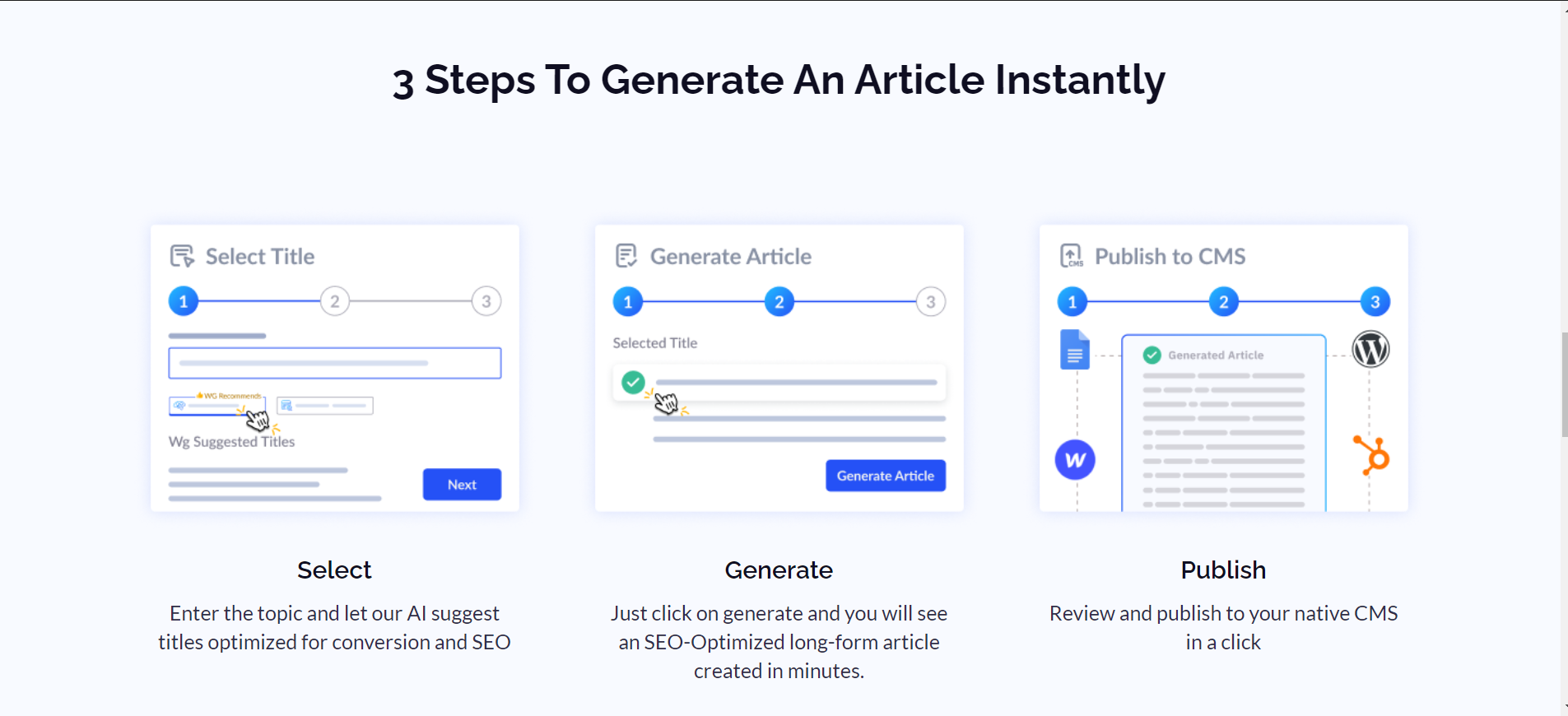 WriteGneius simplifies article generation and publishing. Our three-step process produces search engine ready articles with minimal editing and top-quality output. Our platform provides the best structure and customized elements to enhance your content