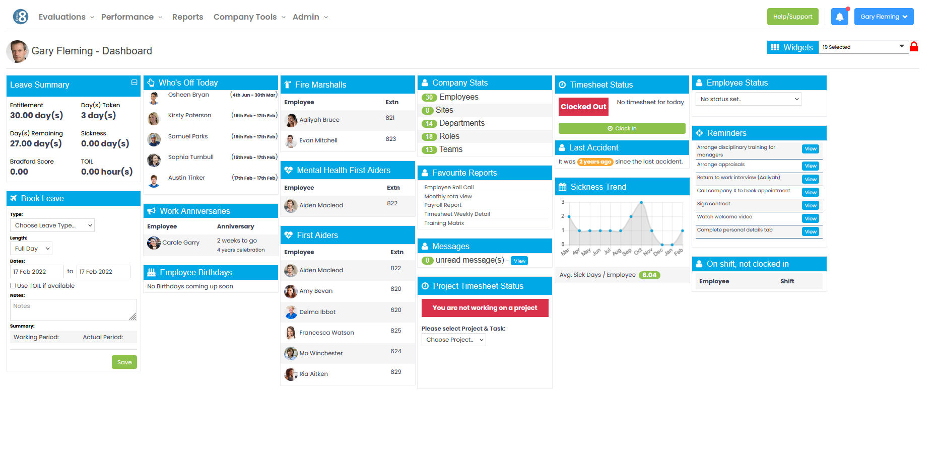 Evalu-8 HR screenshot: Example dashboard