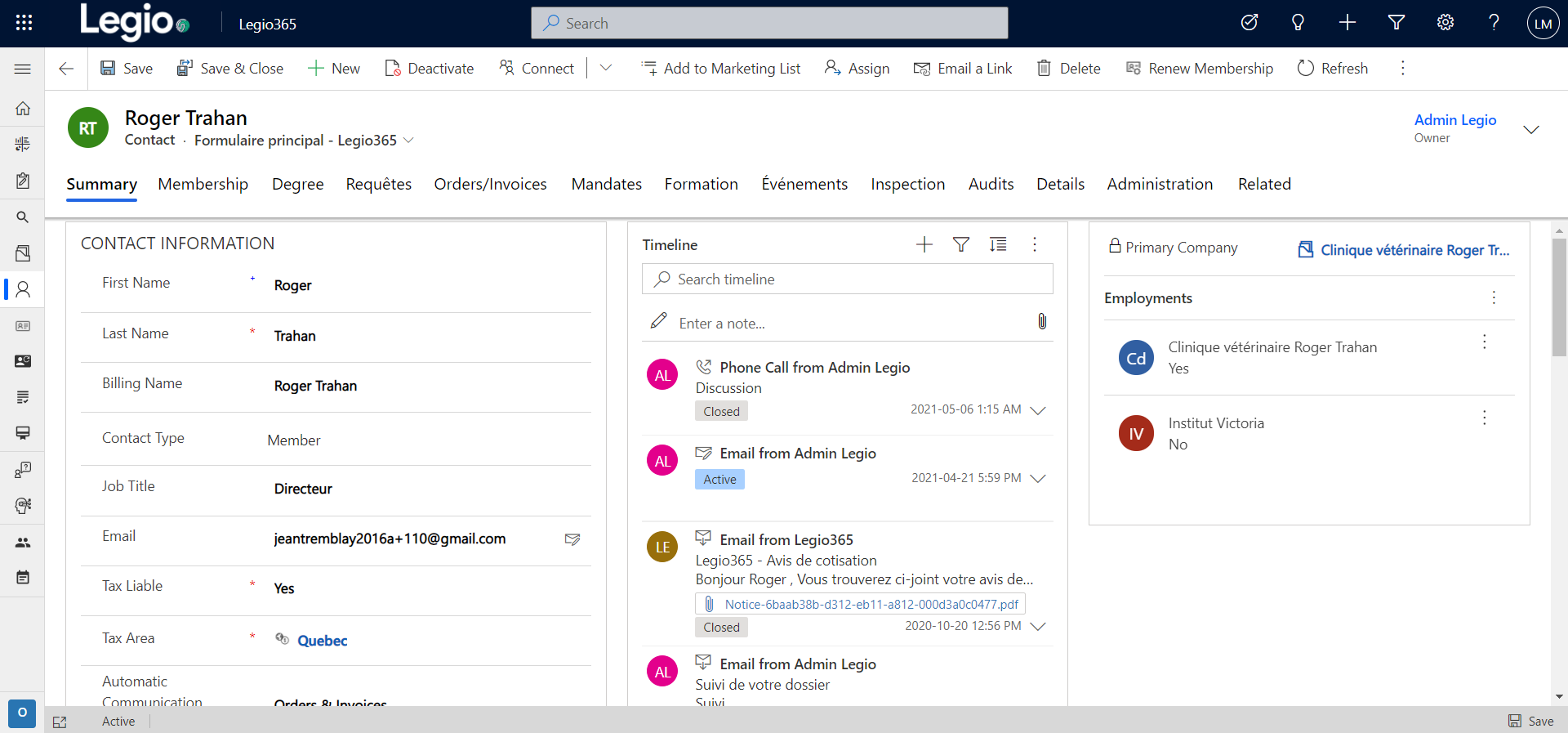 Legio 365 screenshot: Members profile and communication timeline