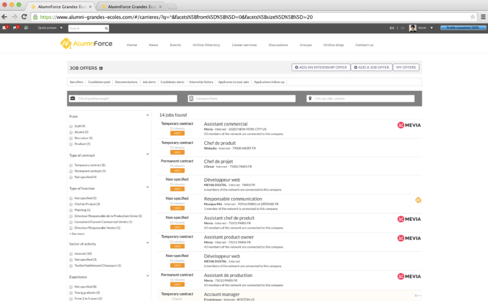 AlumnForce integrated jobs board
