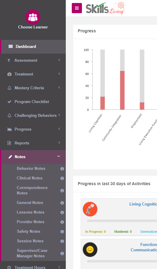 Skills screenshot: Skills Living Dashboard and Notes Menu