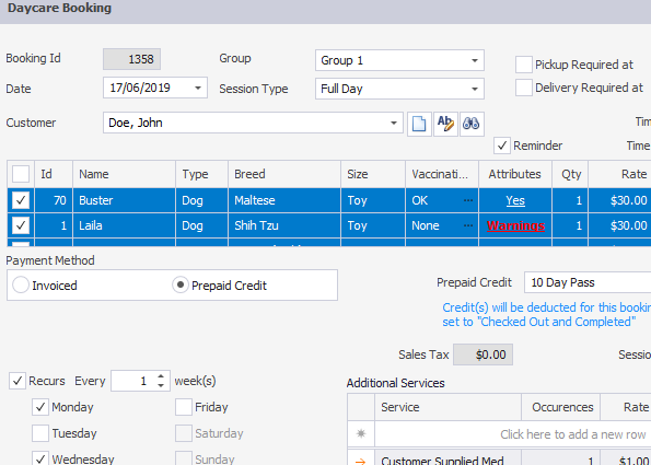 PetLinx Software - Create detailed daycare bookings that can be set to automatically repeat every week on specific days with personalized services.