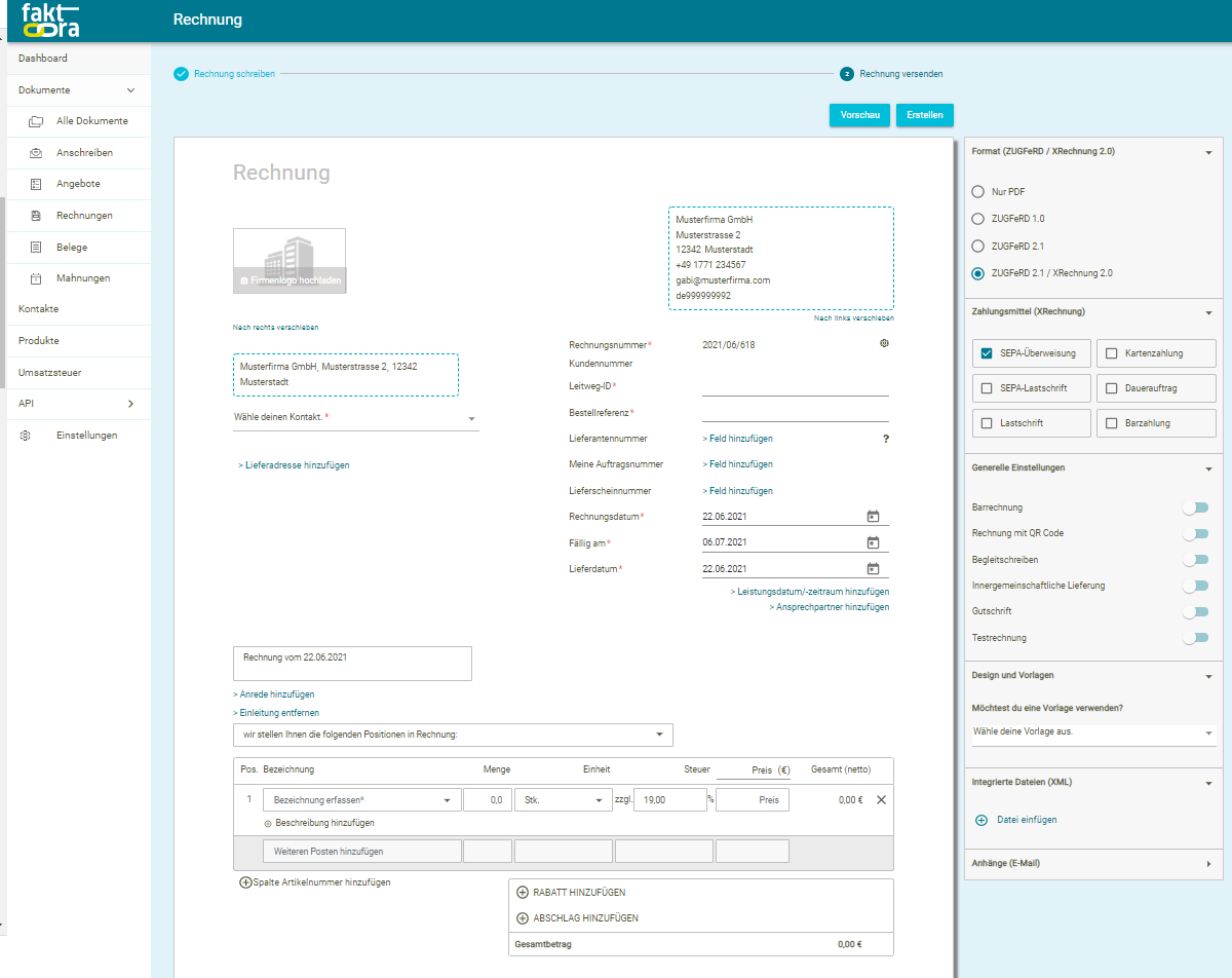 XRechnung screenshot: invoice creation form