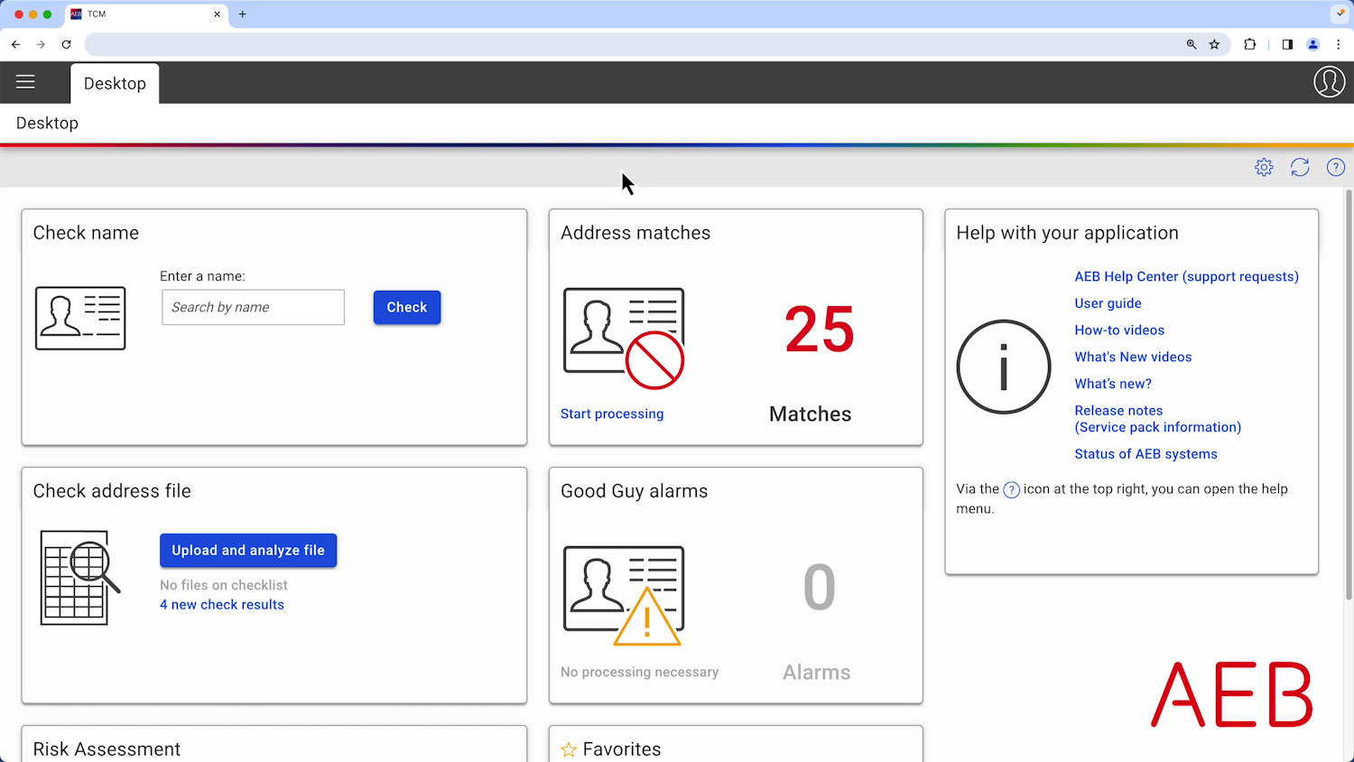 AEB Compliance Screening screenshot: Your compliance screening monitor. Customizable to meet your need and align with your tasks. Everything you need at a glance.  