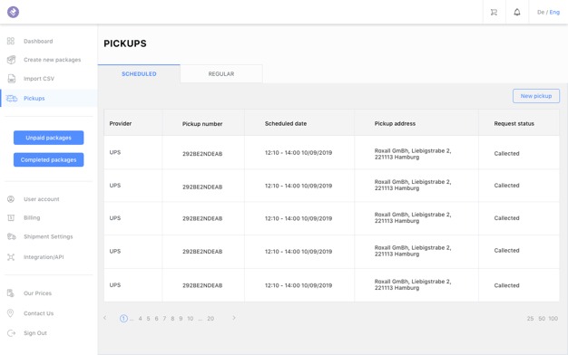 Shipstage screenshot: Shipstage track scheduled pickups