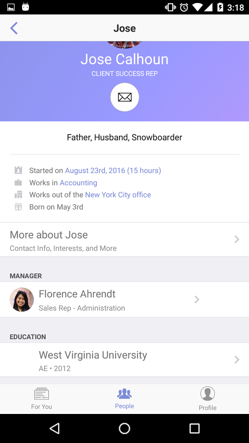 Structural Software - Example people profile shown within the People tab of the Structural App for Android, detailing key background details