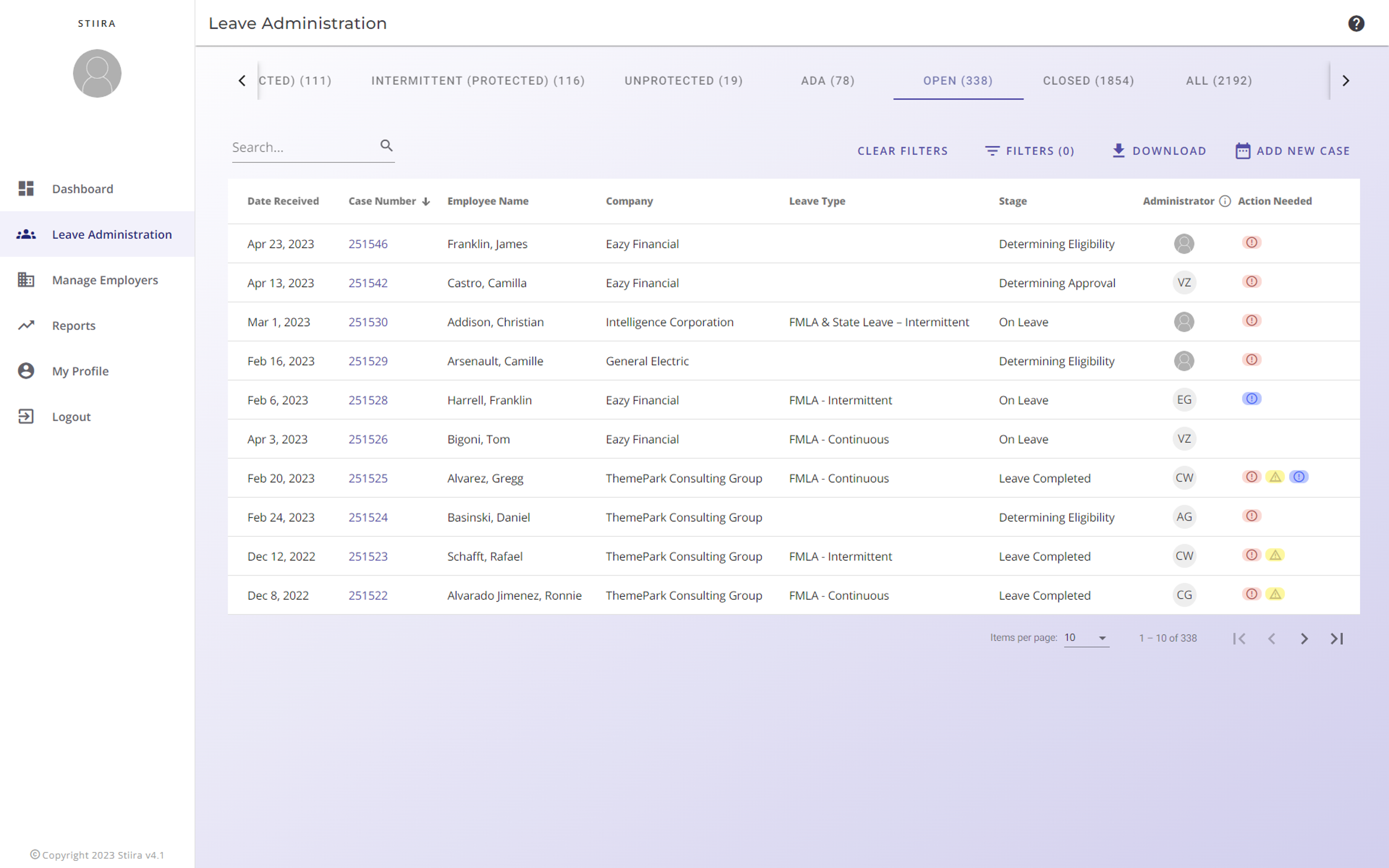 Stiira screenshot: Leave administration dashboard (TPA)