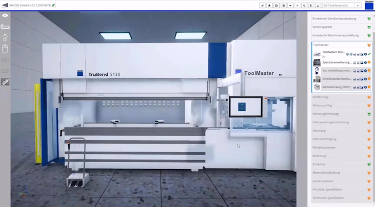 SAE CPQ screenshot: 3D product configuration of a bending machine via digital twin