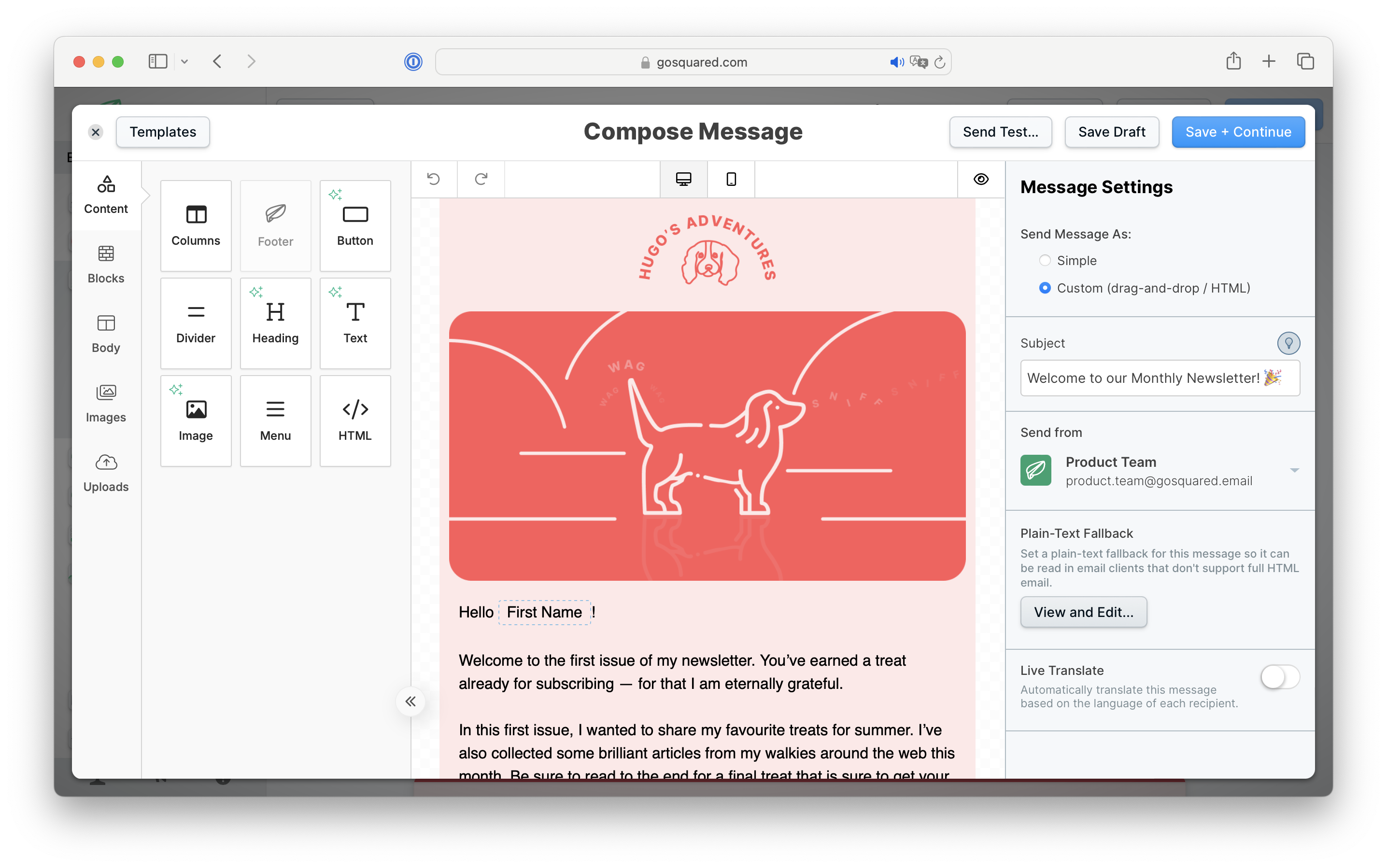 EcoSend screenshot: No code, drag & drop email Builder