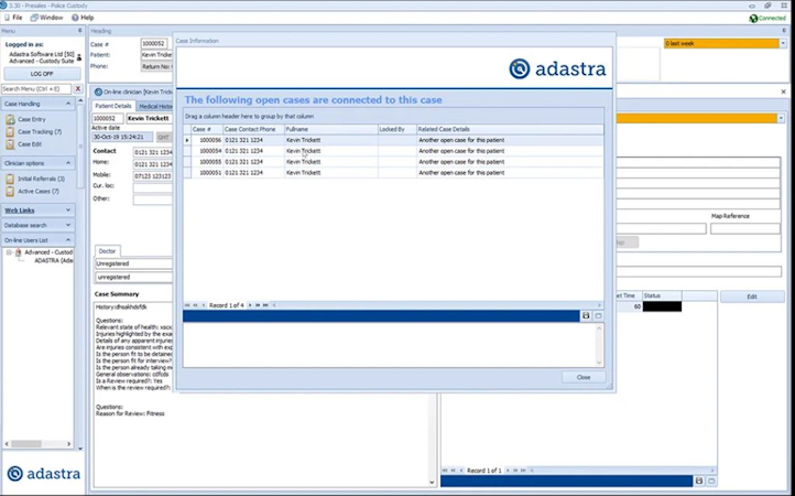 Adastra screenshot: Adastra case management