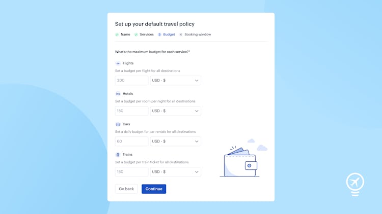 TravelPerk screenshot: Easily set up Travel Policies for your company, making it simple to follow and stick to, and you too can benefit from around 90% compliance, like other companies using TravelPerk.