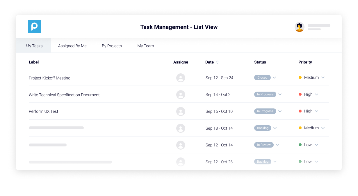 Task Management view in a list. Filter and save favorite views for yourself or teammates.