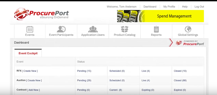 ProcurePort screenshot: Review events and current status