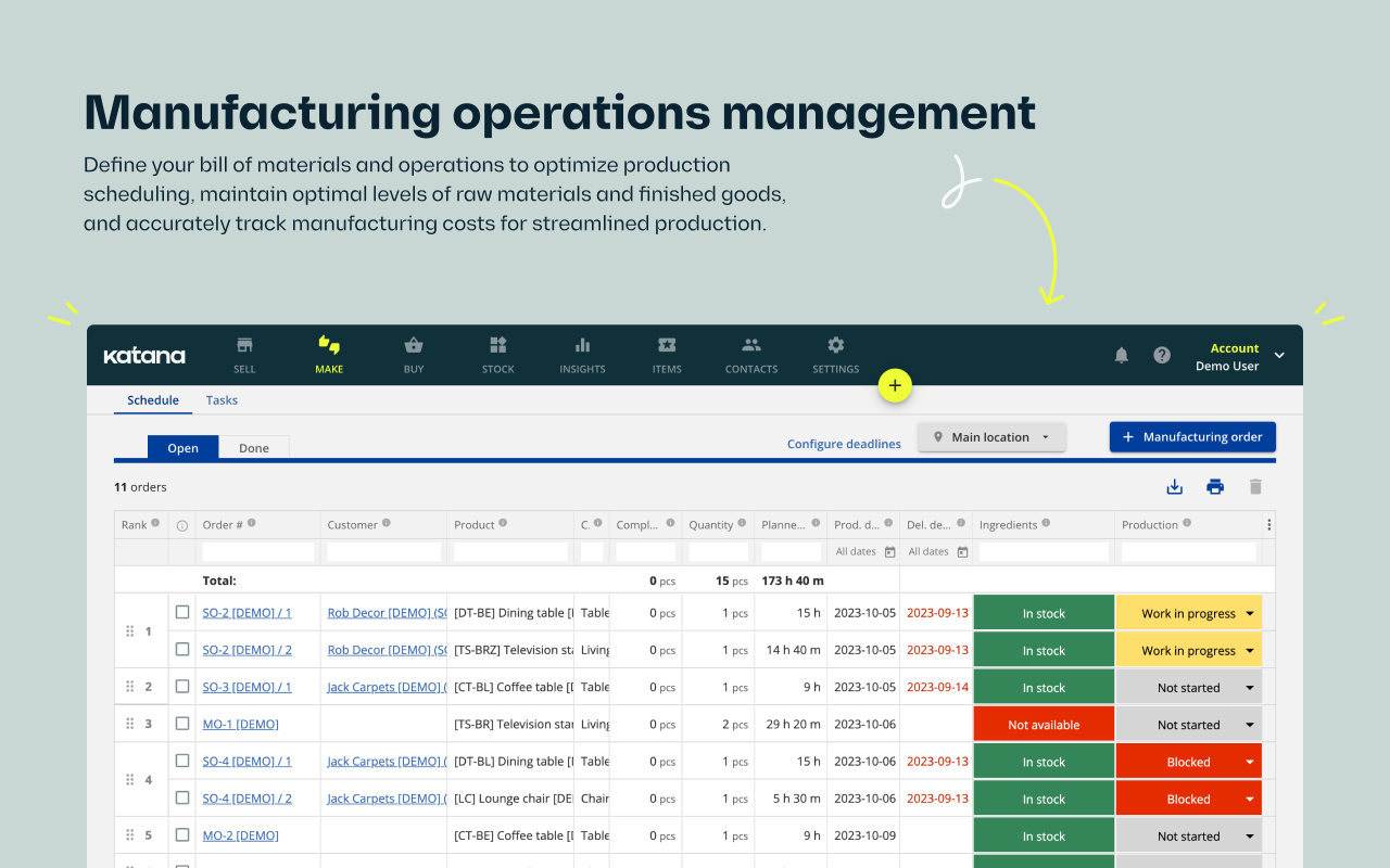 Katana Cloud Inventory Software - Define your bill of materials and operations to optimize production scheduling, maintain optimal levels of raw materials and finished goods, and accurately track manufacturing costs for streamlined production.