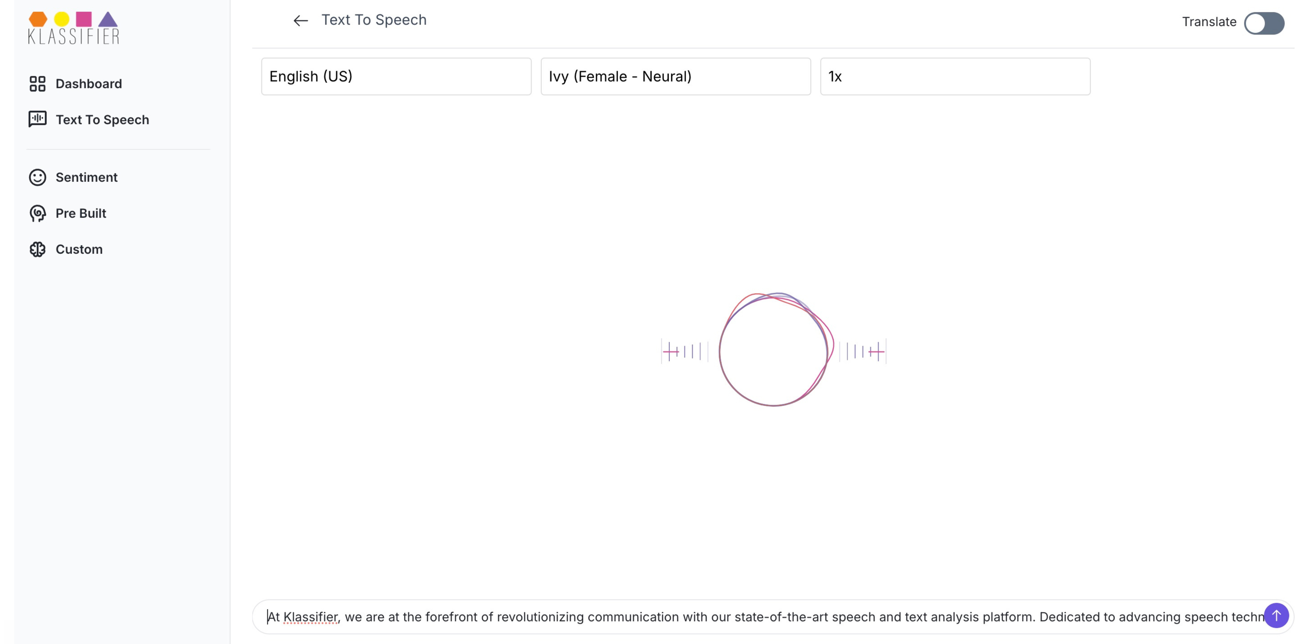Klassifier Software - Klassifier’s Text-to-Speech model converts written text into clear, natural, and human-like speech, enhancing accessibility and user experience across various applications. With TTS technology, businesses can create interactive voice experiences.