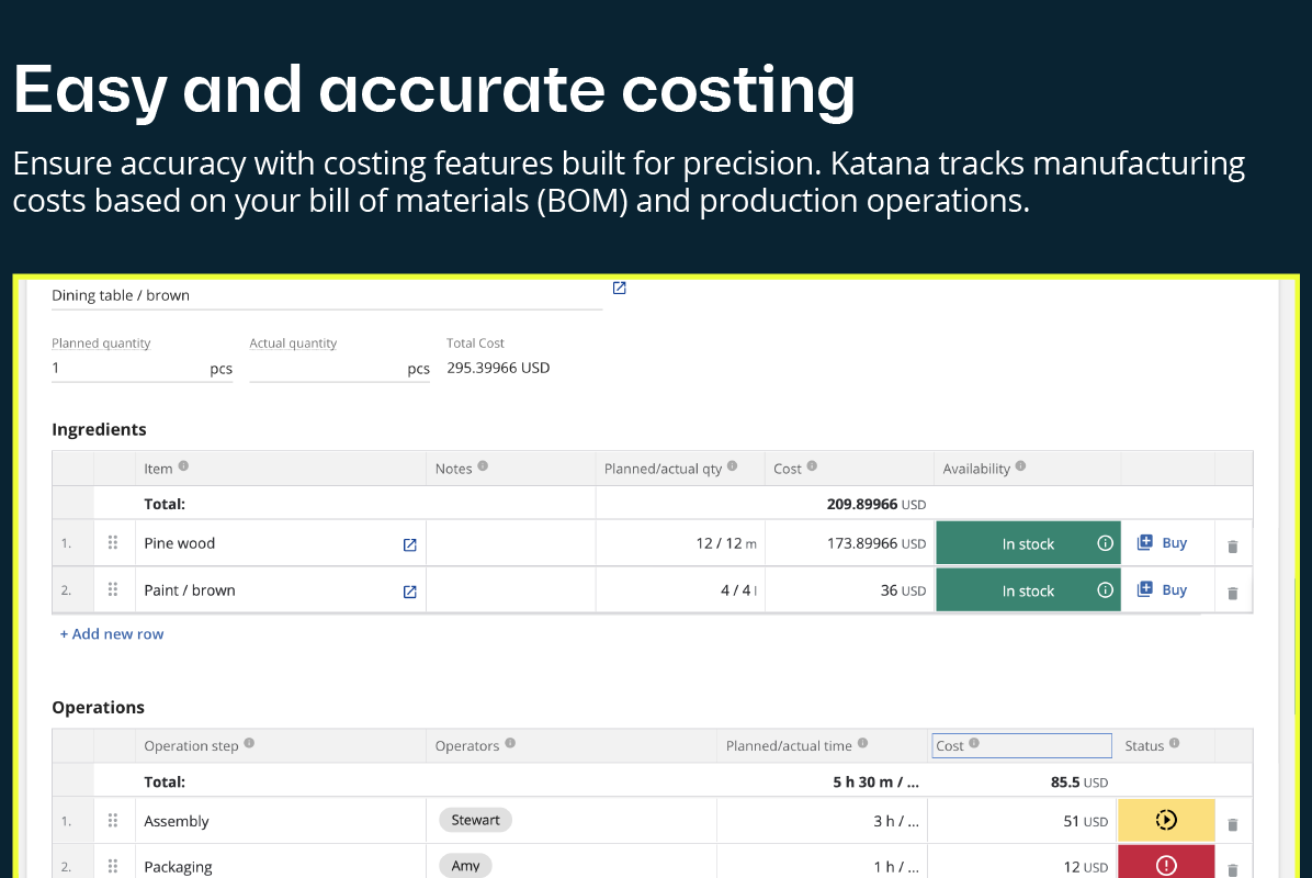 Katana Manufacturing ERP Software - Manage manufacturing cost on bill of materials (BOM) and production operations
