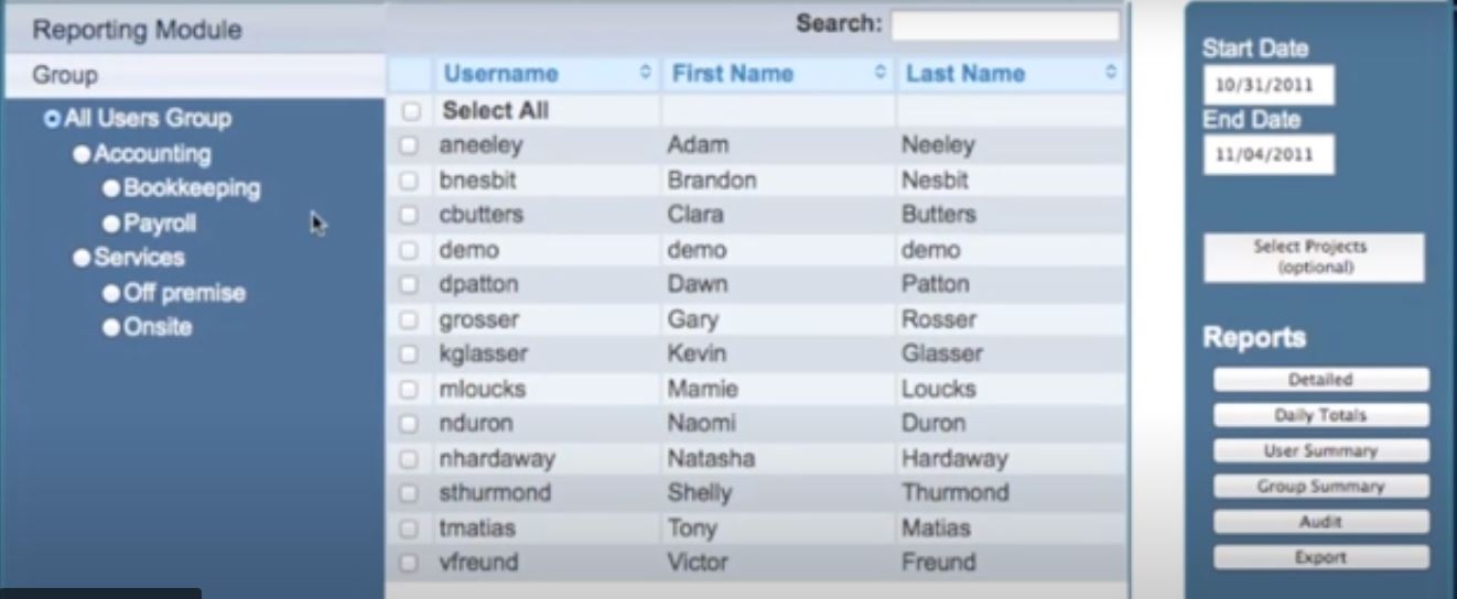 TimeClock Fusion screenshot: TimeClock Fusion reporting module