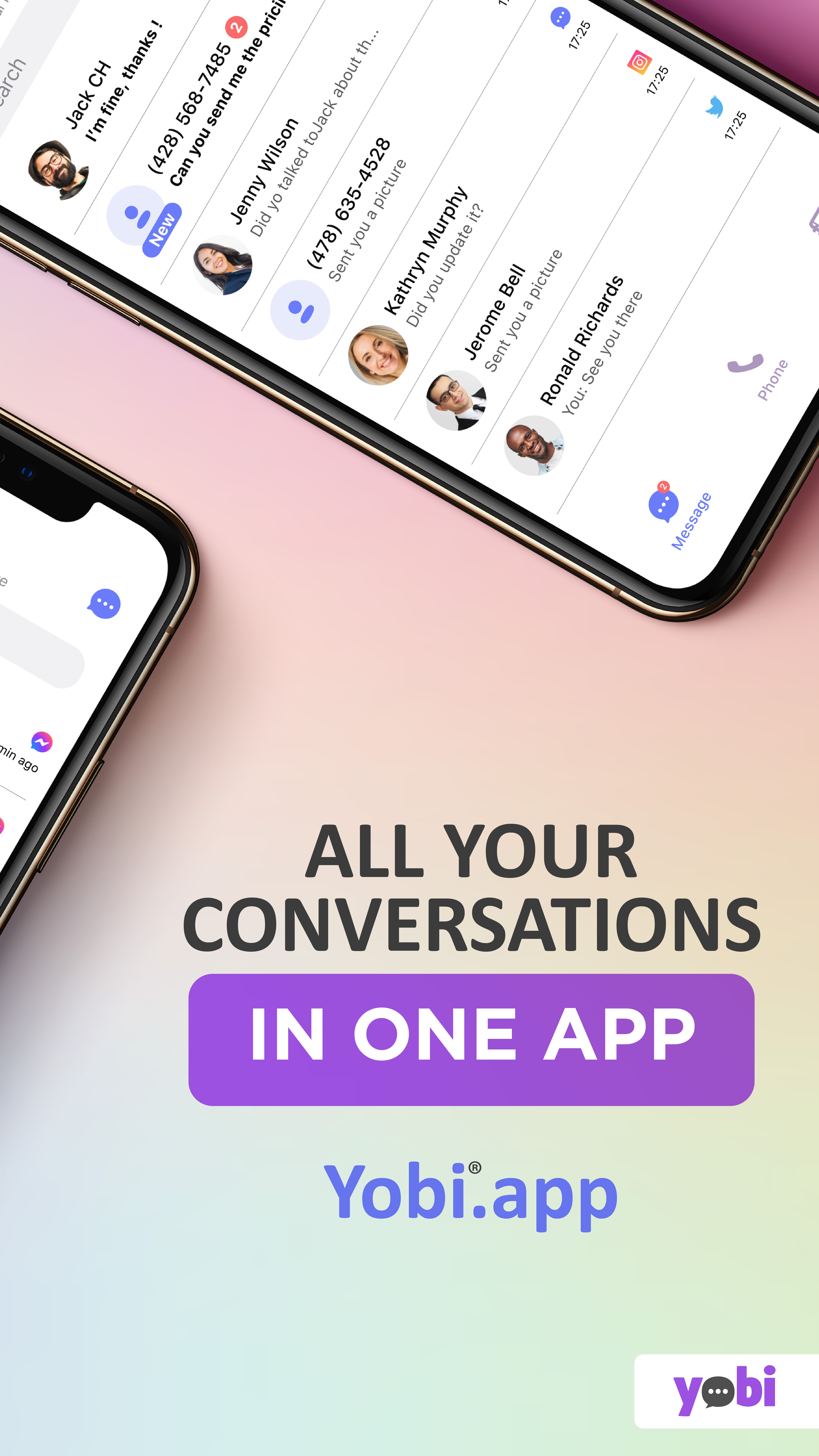 Yobi screenshot: Download Yobi today and get a dedicated business phone and SMS plus all your social media communications in once place, organized by *customer* NOT by platform.