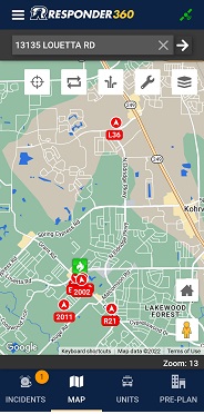 Responder360 screenshot: Incident location with vehicle tracking on phone