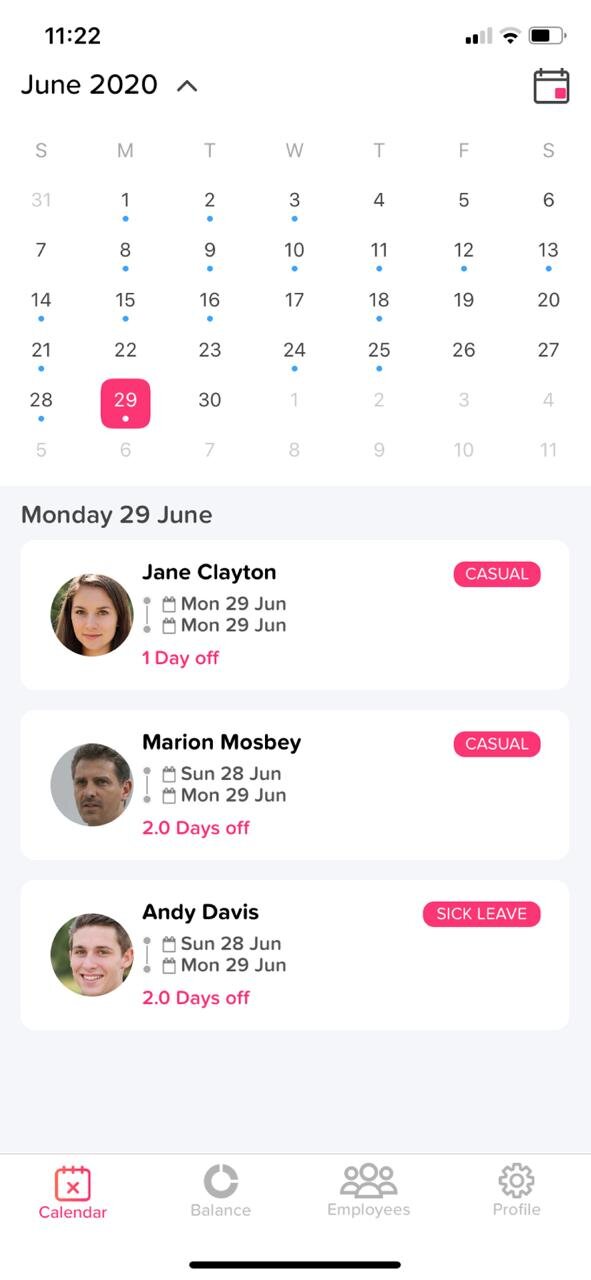 Calendar view showing employees on leaves for a selected day