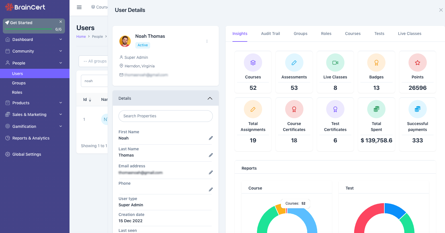 BrainCert Software - BrainCert 2.0 unveils a superior CRM system, designed to offer rapid insights and comprehensive data on your users. From location enrichment to custom properties and streamlined learner data management, our CRM stands unparalleled in its capabilities.