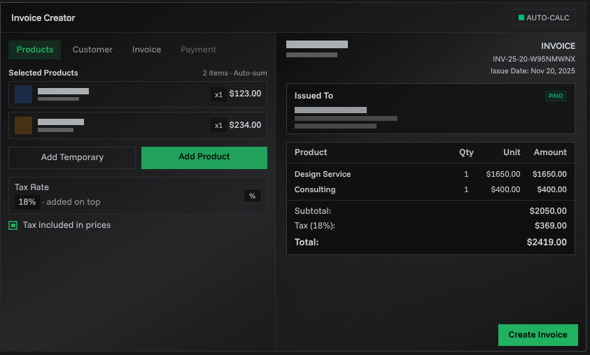 PineBill Software - PineBill invoice creation