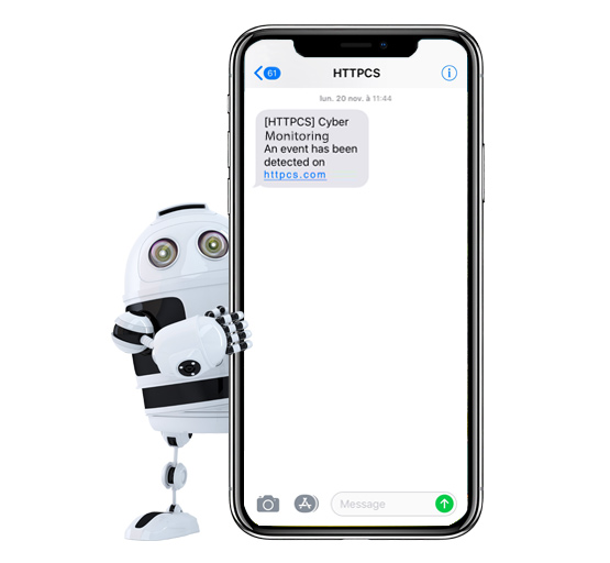 HTTPCS Security Software - An example of the SMS alerts sent to a user's mobile device, providing real time notification of a detected flaw during Cyber Monitoring of a specified website or app