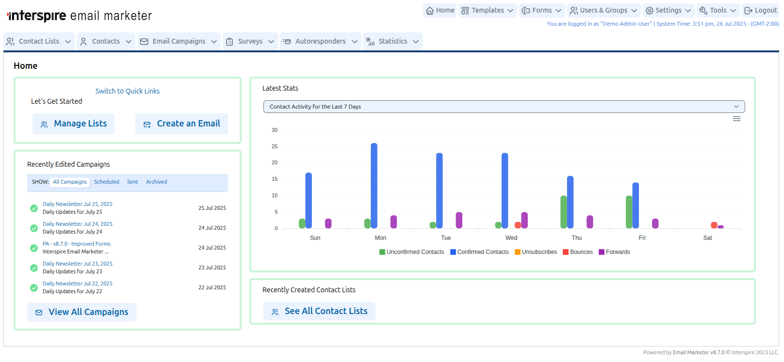 Interspire Email Marketer screenshot: Interspire Email Marketer Home Landing