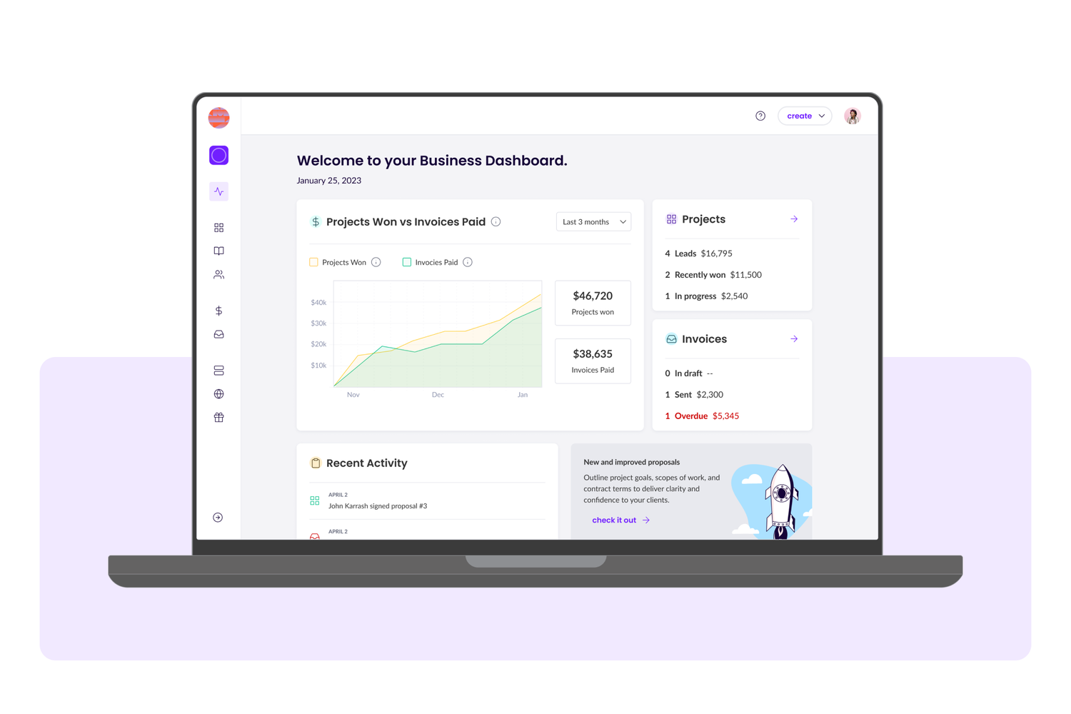 Your Business Dashboard on Wethos is a home for your freelance business where you can monitor your project pipeline, invoice status, and see any new developments with proposal status in order to keep tabs on where your client is at in the process.