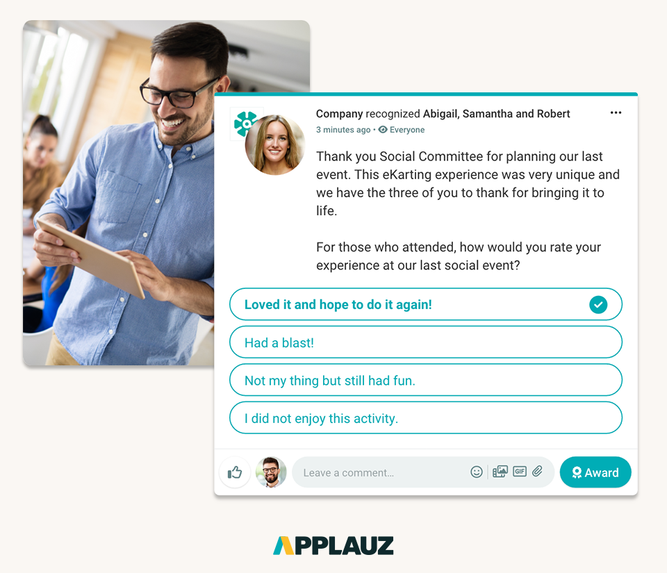 Applauz Recognition Software - Company Polls – Create and share custom polls on any topic to gather instant feedback from employees. Engage your workforce by encouraging their input and insights, fostering a culture of openness and collaboration that drives informed decision-making.