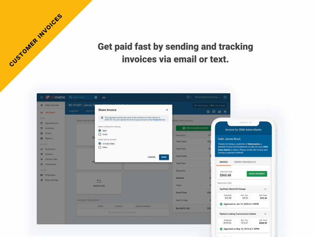 Get paid fast by sending and tracking invoices via email or text.