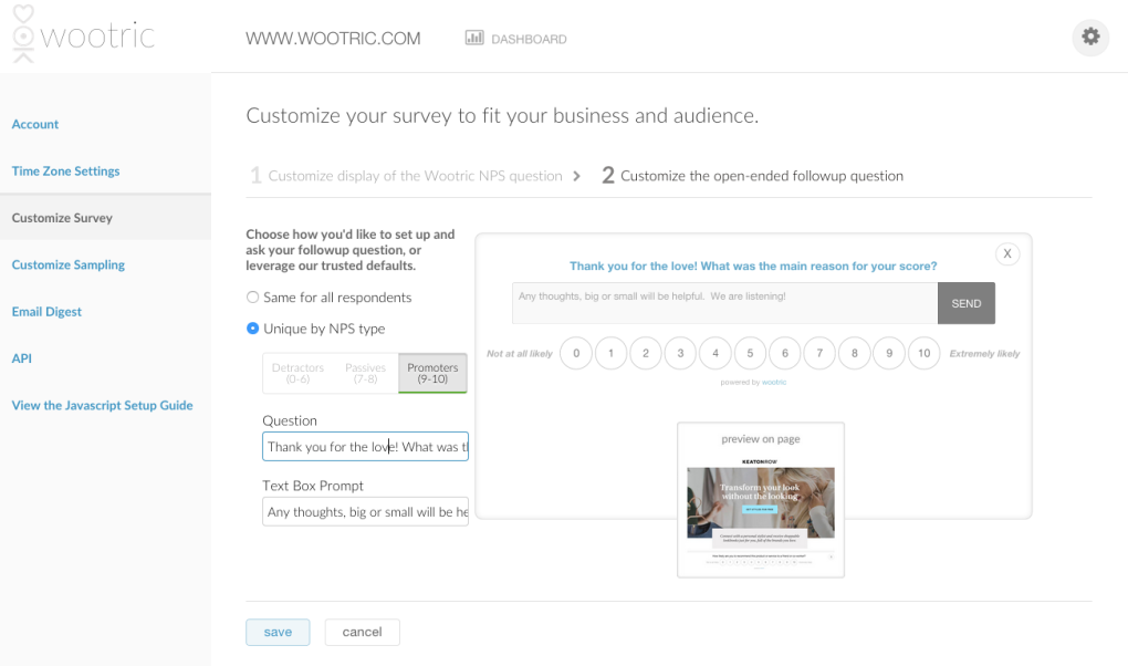 Customize net promoter score survey